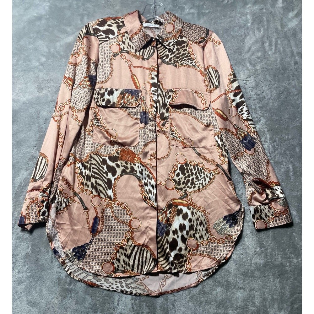Timing Women’s Size M Pink Chain Animal Print Button Down Shirt Long Sleeve